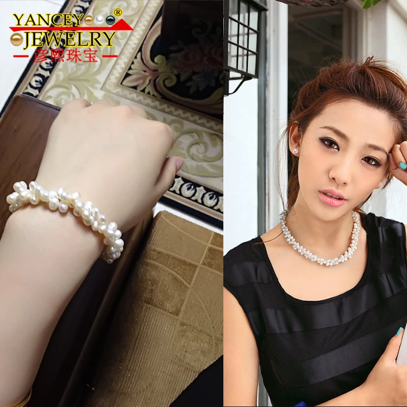 

YANCEY Fashion Natural 7-8mm white freshwater pearl fine jewelry sets 18", Pearls intertwined with each other with S925 Silver