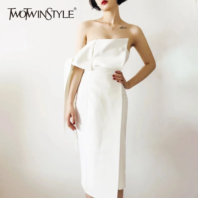 

TWOTWINSTYLE Fashion White Party Dresses Women Sleeveless Strapless Lace up Sexy Dress Female Bodycon Clothing 2019 Summer New