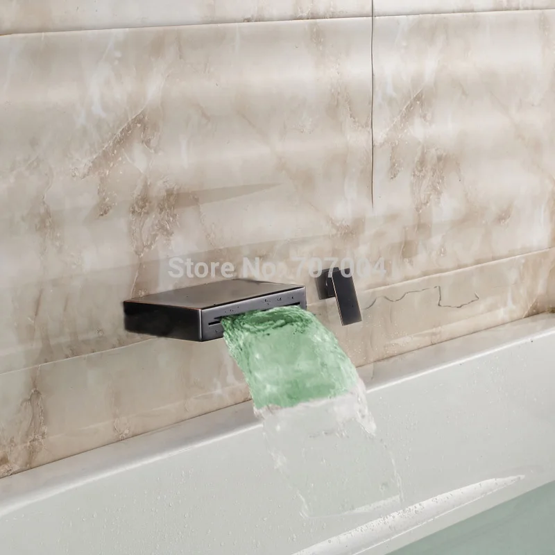 LED Light Wall Mounted Waterfall Spout Bathroom Basin Sink Faucet Single Handle Oil Rubbed Bronze Basin