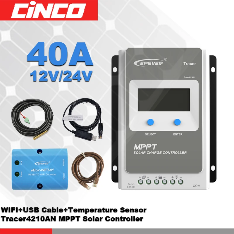 

Tracer4210AN 40A 12V/24 100V MPPT solar charge controller with eBOX-WIFI and USB communication cable & temperature sensor