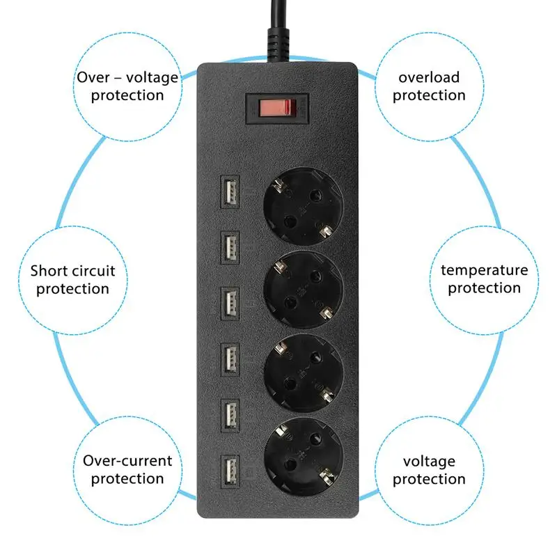 Несколько Мощность полосы Стабилизатор напряжения штепсельная вилка европейского стандарта на выходе 6 переменного тока Электрический Мощность адаптер выключатель розетки с USB 1,8 м кабель-удлинитель