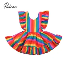 Летняя одежда для малышей Детская одежда для маленьких девочек Радужное платье с рукавом с рюшами в полоску, мини-платье трапециевидной формы, платье летнее платье для маленьких принцесс От 6 месяцев до 5 лет