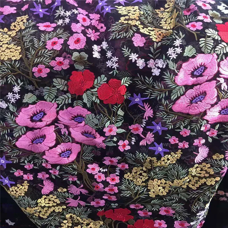 

LASUI 1y high quality colorful Begonia flowers water soluble embroidery black mesh lace fabric DIY wedding dress fashion X0477