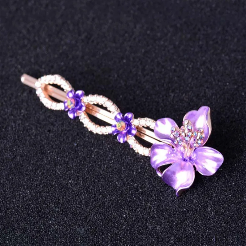 Fashion Women Girls Colorful Enamel Barrettes Shinning Crystal Rhinestones Flower Hair Clip Gold