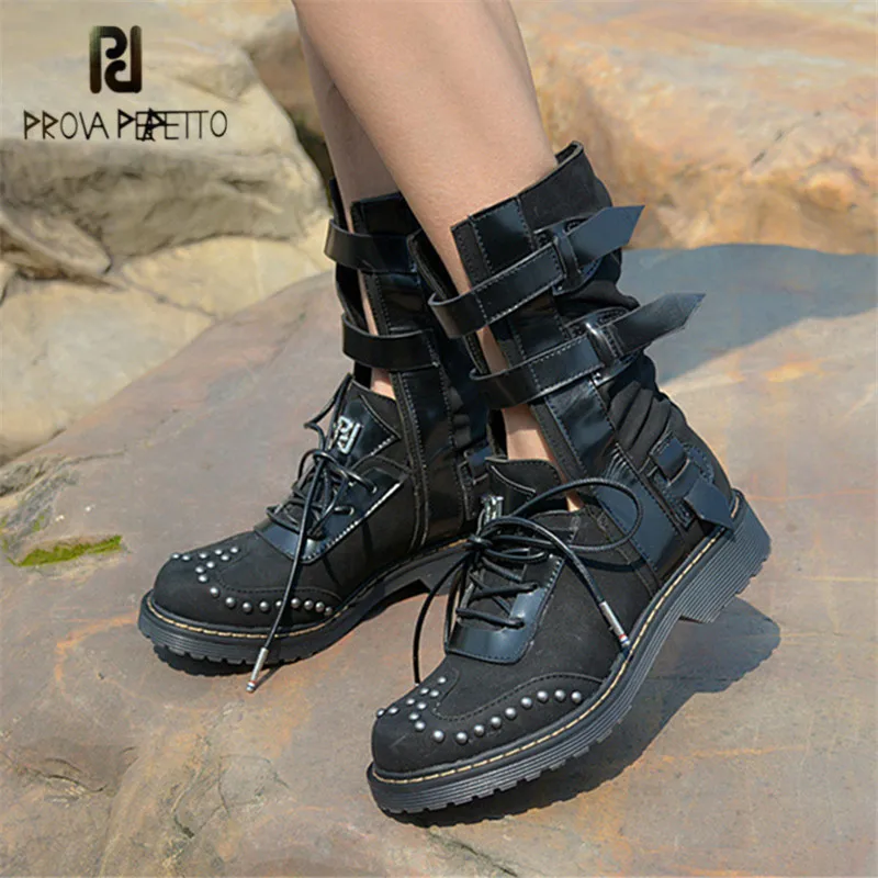 

Prova Perfetto Punk Style Straps Riding Boots Genuine Leather Women Platform Summer Boots Female Rubber Shoes Woman Flats