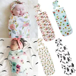 2018 Новое Пеленальное Одеяло для новорожденных пеленка для сна муслиновая пеленка + повязка на голову 2 шт. цветочные повседневные