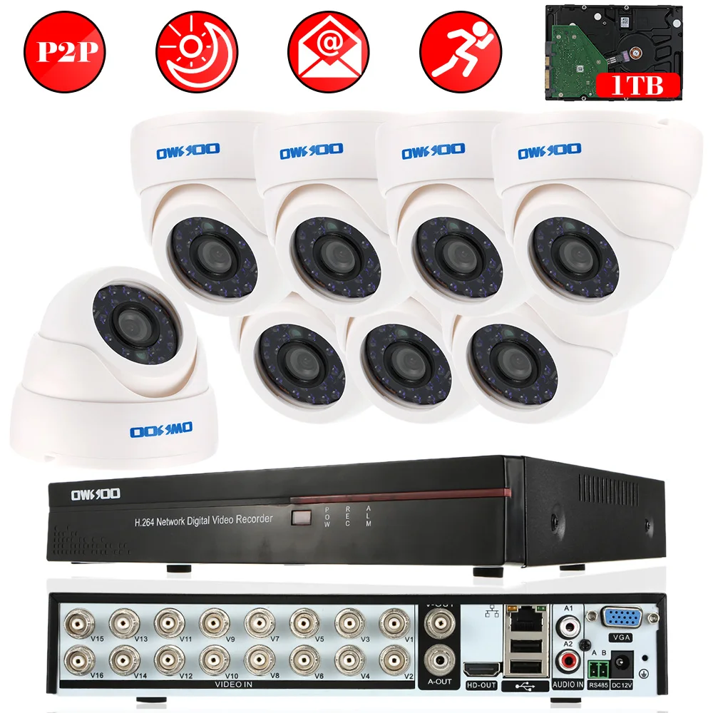 OWSOO 16CH CCTV камера системы Полный CIF 8 шт. Крытый 800TVL ИК ночного видения камера CCTV HD безопасности комплект для видеонаблюдения DVR 1 ТБ HDD