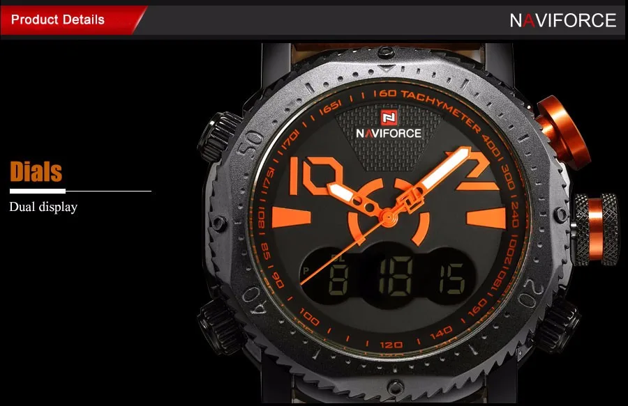 Бренд NAVIFORCE, мужские спортивные часы, двойной дисплей, часы для мужчин, светодиодный, цифровые, аналоговые часы, оранжевые, кварцевые часы, 30 м, водонепроницаемые мужские часы