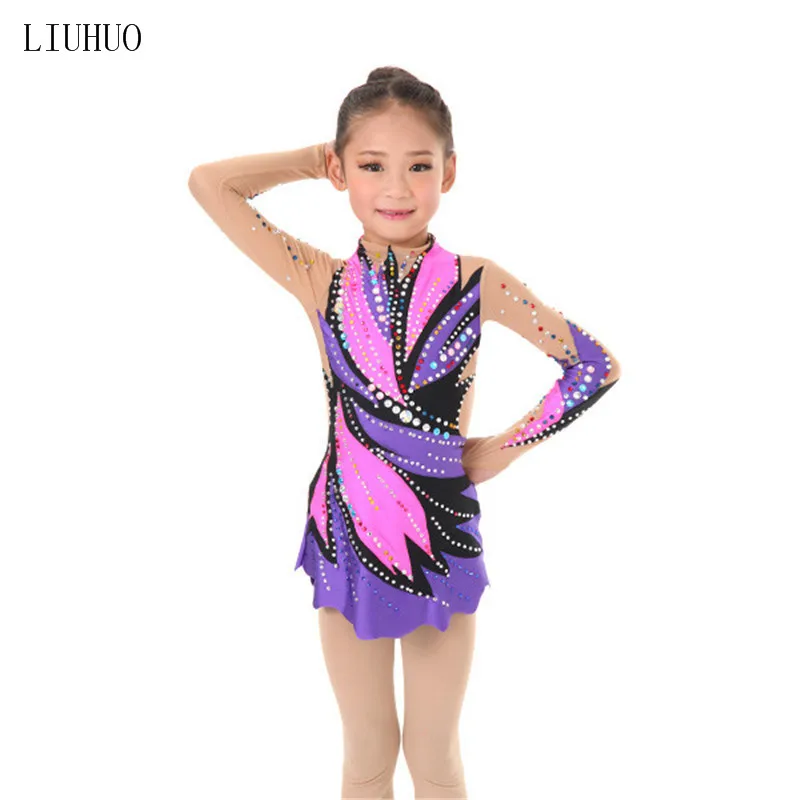 Женский костюм для художественной гимнастики, многоцветное платье для художественной гимнастики, блестящие стразы, фиолетовый и розовый цвета