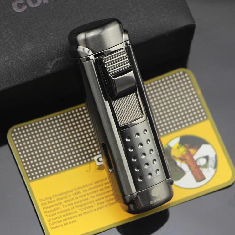 COHIBA многоразовые газовые зажигалки с бутаном 4 фонарь, металлическая сигаретная зажигалка, струйный огонь, фонарь с сигарой, подарочная коробка