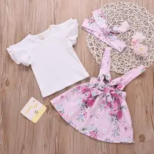 Летний комплект одежды для маленьких девочек, детская одежда, топы с рукавом-бабочка для девочек+ розовая юбка с цветочным принтом+ повязка на голову, детская одежда, D40