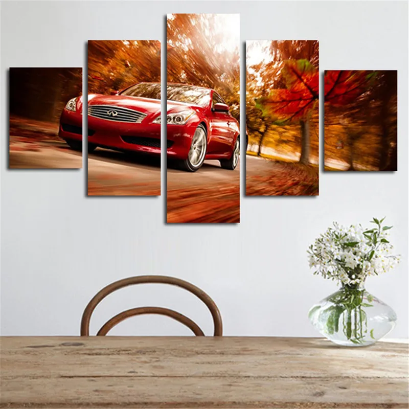 2017 5 Panel Unframed Wall Art Painting Autumn Red Car Canvas Modular