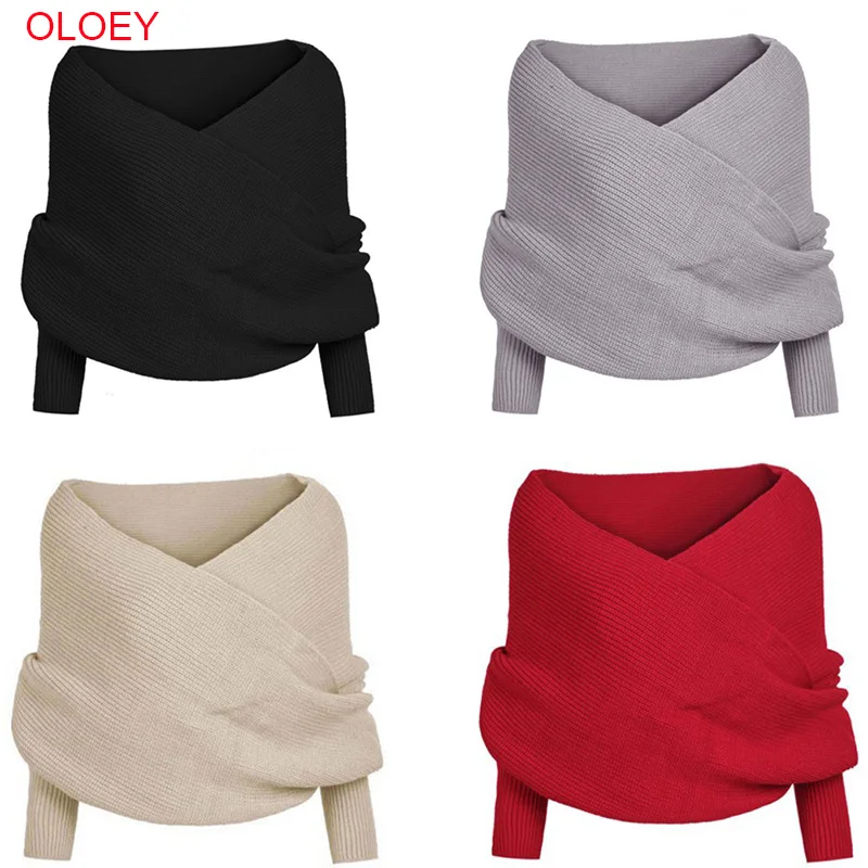 OLOEY Long Sleeve Sweaters Women 2019 Autumn Sexy Off Shoulder Wrap Knitted Sweaters Tops V Neck Slim Pullovers Jumper Shawl OLOEY Long Sleeve Sweaters Women 2019 Autumn Sexy Off Shoulder Wrap Knitted Sweaters Tops V Neck Slim Pullovers Jumper Shawl