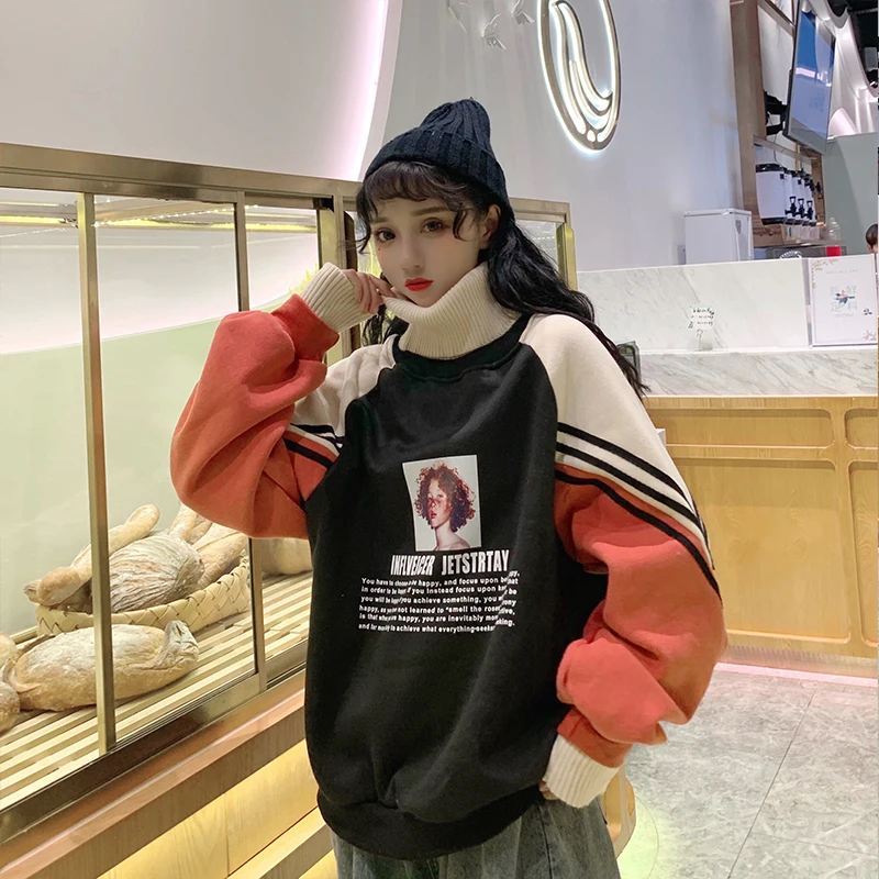 

Hoodies Women Turtleneck Thicker Plus Velvet Warm Harajuku Printed Pullovers Womens Oversize Patchwork Leisure Chic Sweatshirts