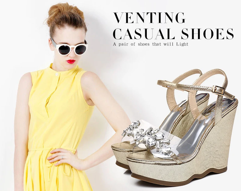 3_2016 New Gold Platform Wedges Sandals Female Summer Sandal Silver Heels Rhinestone Buckle Transparent Casual Shoes For Woman