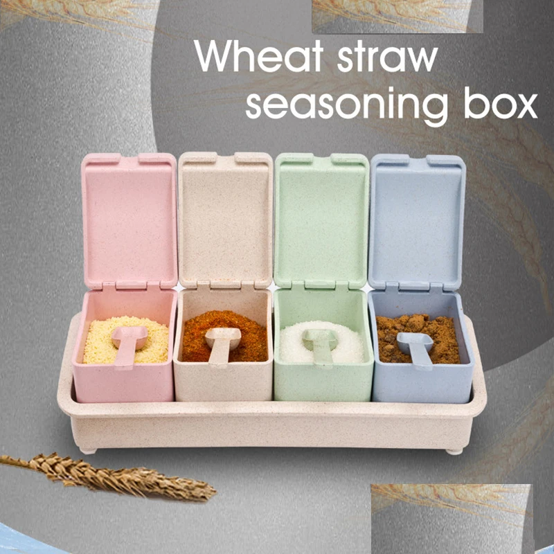 4pcs/Set Wheat Straw Plastic Spice Jar With Rack Colorful Seasoning Box Storage Container Condiment Jar Kitchen Accessories