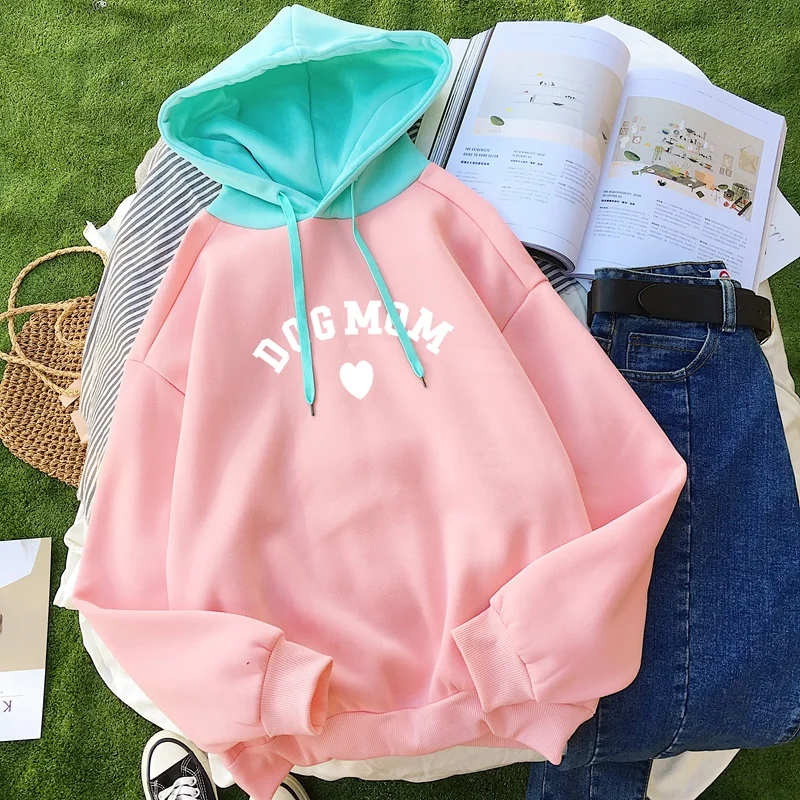 

Women Hoodies New Contrast Pastel Color Pink Kpop Dog Mom Kawaii Befree Girl's Sweatshirts Fleece Winter Thick Outwear Top