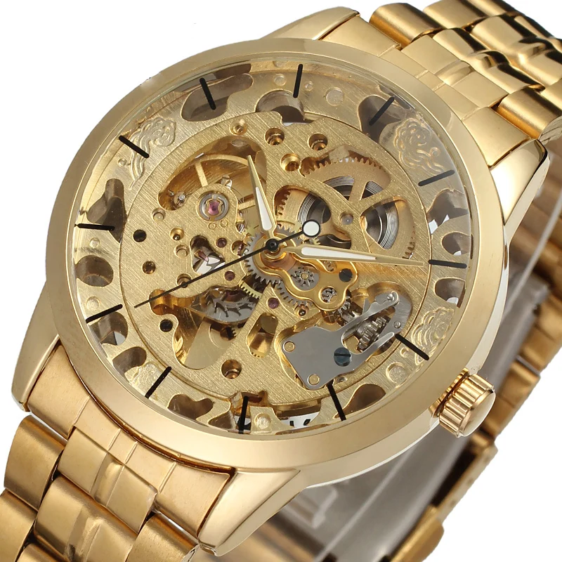 Мужские часы золотые полностью из нержавеющей стали прозрачные автоматические механические часы Скелет стимпанк часы мужские Relogio Masculino