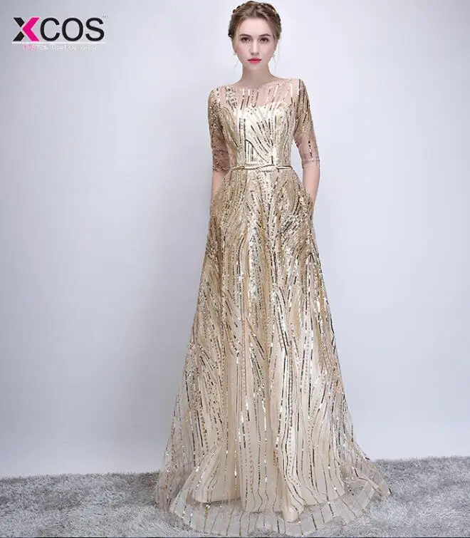 Vestido de festa, шикарные вечерние платья с золотыми блестками, с рукавом до локтя, ТРАПЕЦИЕВИДНОЕ ПЛАТЬЕ С глубоким вырезом, Роскошные вечерние платья в арабском стиле, платья для официальных мероприятий - Цвет: as the picture shown