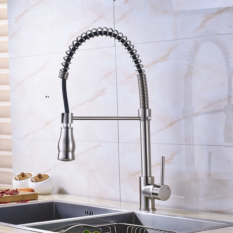 

Luxury Brushed Nickel Pull Down Kitchen Mixer Tap Swivel Spout Single Lever Spring Kitchen Sink Faucet