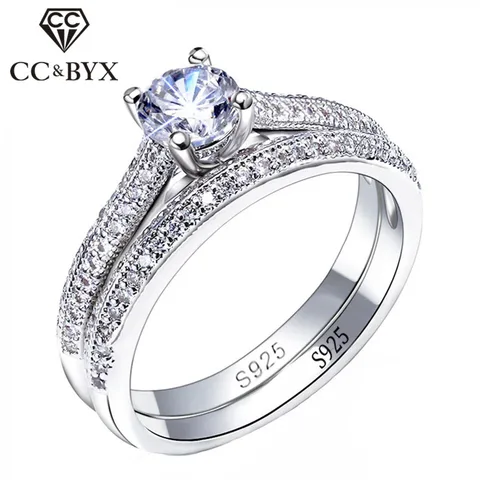 CC 925 Silver Rings For Women Simple Design Double Stackable Fashion Jewelry Bridal Sets Wedding Engagement Ring Accessory CC634