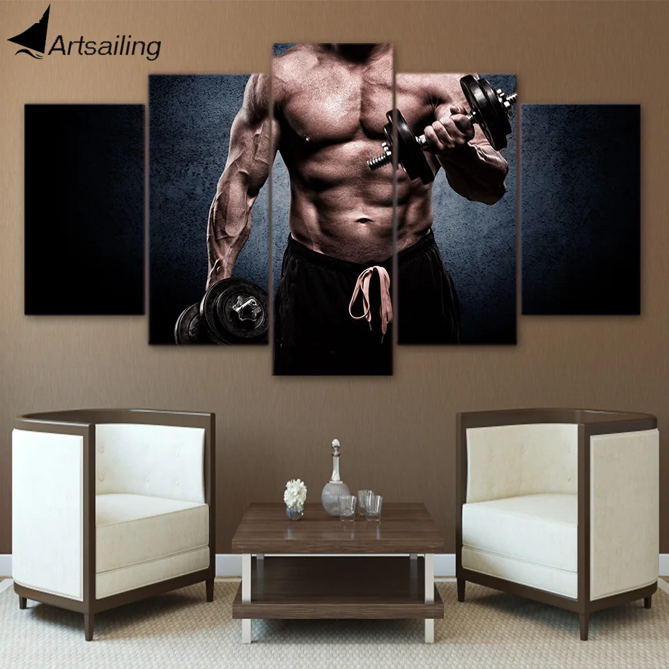 Buy 5 piece canvas art gym man fitness muscle barbell