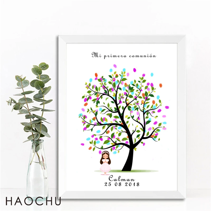 Canvas Fingerprint Signature DIY Guest Book For Girls Mi Primera Communion Souvenir Free Custom Name Date Gift For Girls Baptism