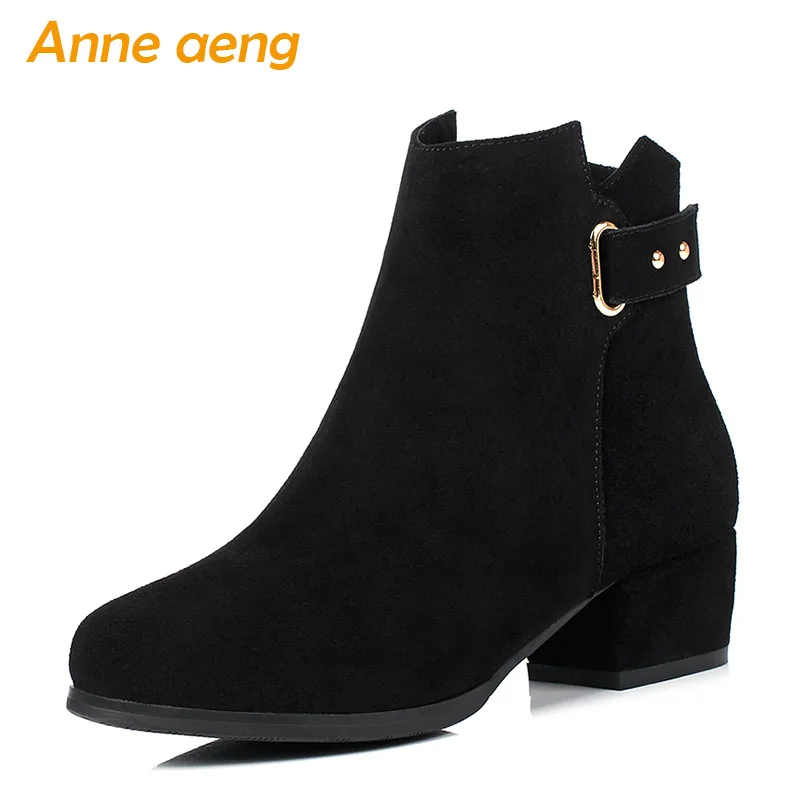 

2019 New Winter Women Ankle Boots Middle Square Heel Round Toe Buckle Zipper Sexy Women Cow Suede Shoes Black Warm Short Boots