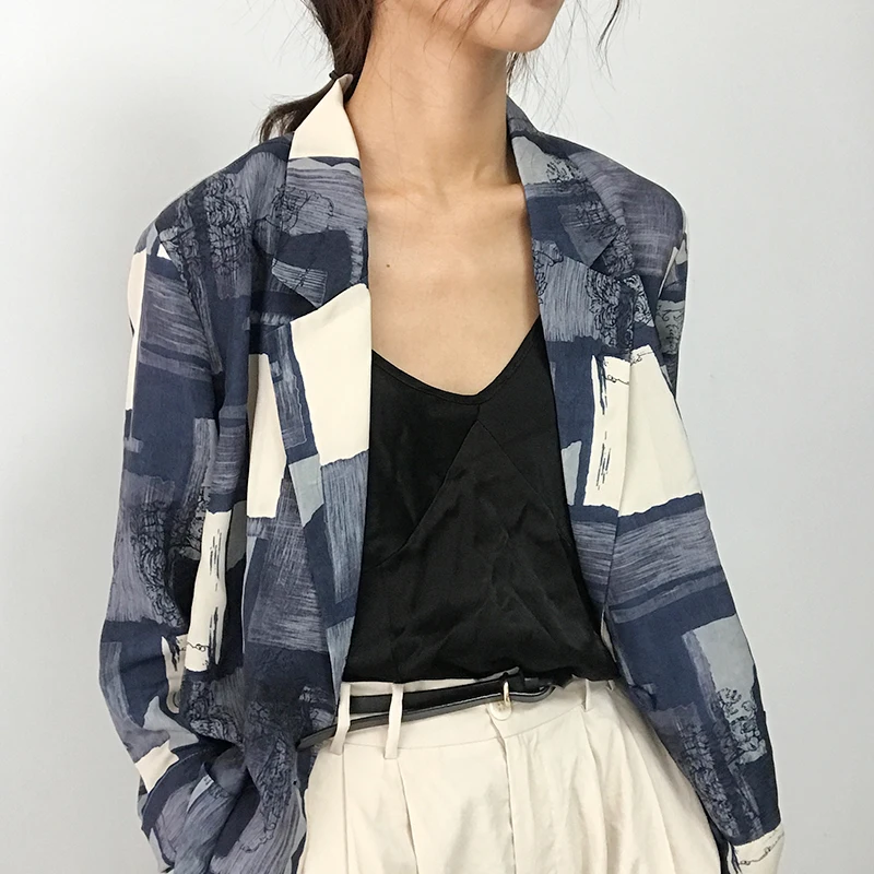 

Plus Size Loose Office Lady Blazer Casual Female Jackets Spring Autumn Single-breasted Printed Coat Oversized Women Clothes