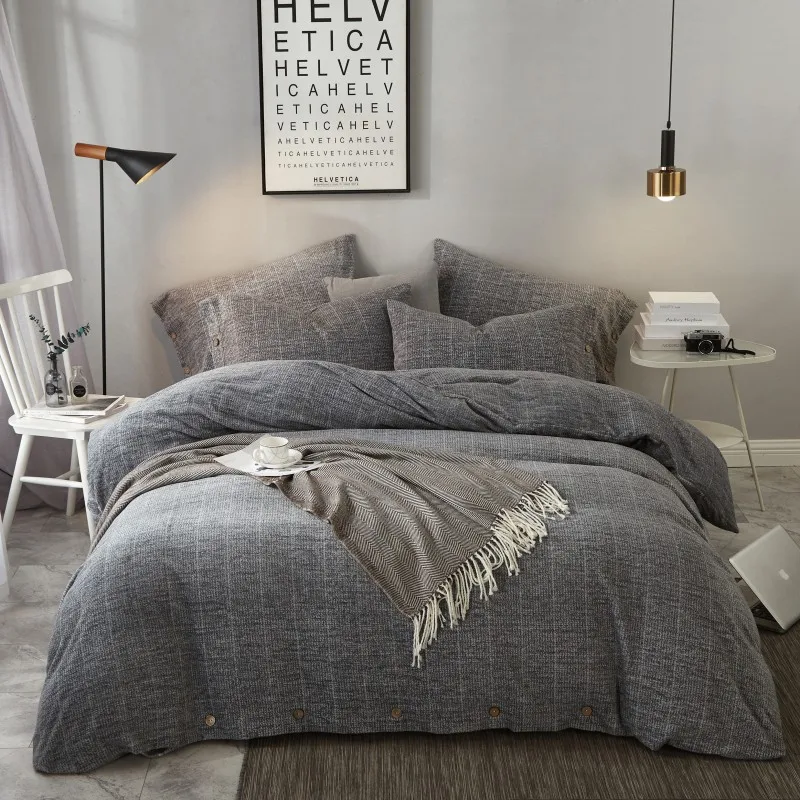 

Cotton Fleece Soft Bedding set Fast Warmth Navy Blue/Grey Stripes Button Duvet Cover Flat/Fitted Bed sheet Queen King size 4Pcs