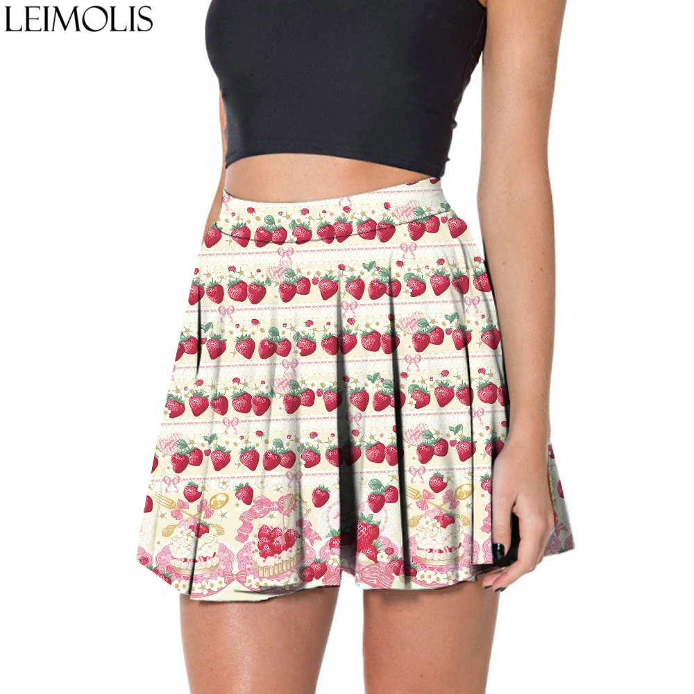 

LEIMOLIS Cream strawberry cake print plus size high waist mini skirt harajuku kawaii sexy streetwear short pleated skirts womens