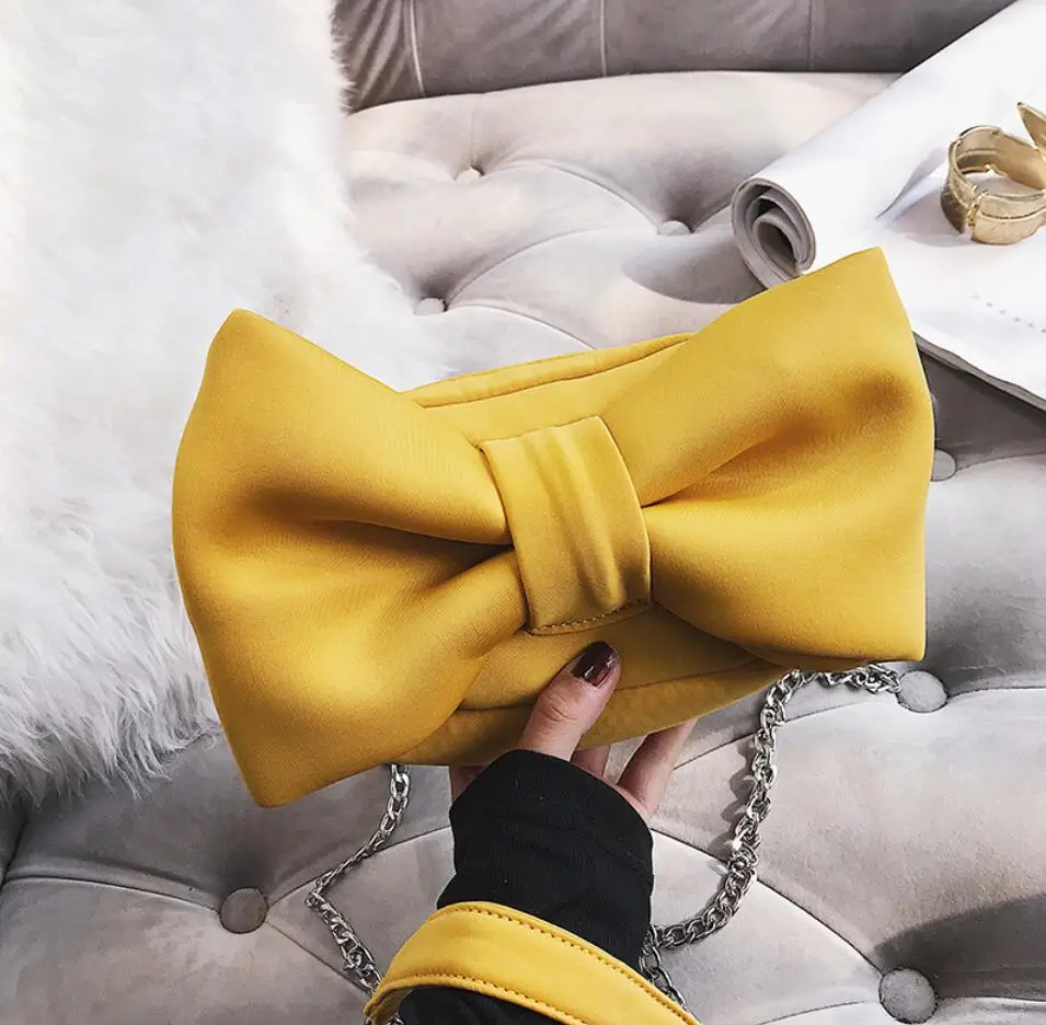 Корейский клатч для милых девушек, модная Новая женская дизайнерская сумочка, качественная бархатная ручная сумка с большим бантом на цепочке, сумки через плечо - Цвет: Цвет: желтый