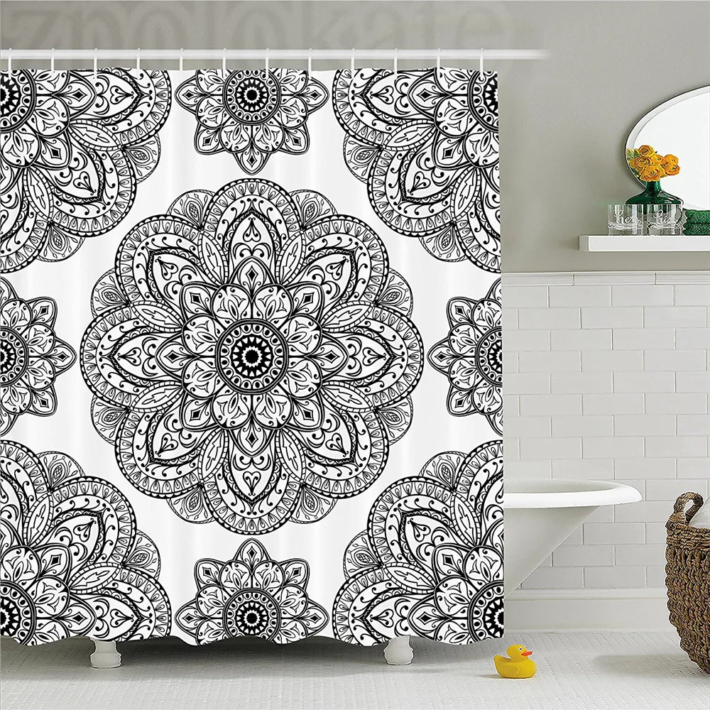 Mandala Decor Shower Curtain Ornate Pattern of Mandala with Symmetrical Shape and Tiles