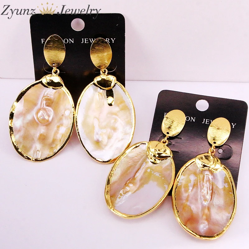 

3Pairs, Nature Pearl Shell Drop Earrings Classic Oval shaped Gold Color Mother Of Pearl Hanging Dangle Earring Gift