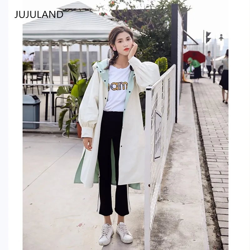 JUJULAND woman trench two side can wear solid hooded long casual coat Waterproof coat botton Elastic waist coat 2018 autumn JUJULAND woman trench two side can wear solid hooded long casual coat Waterproof coat botton Elastic waist coat 2018 autumn