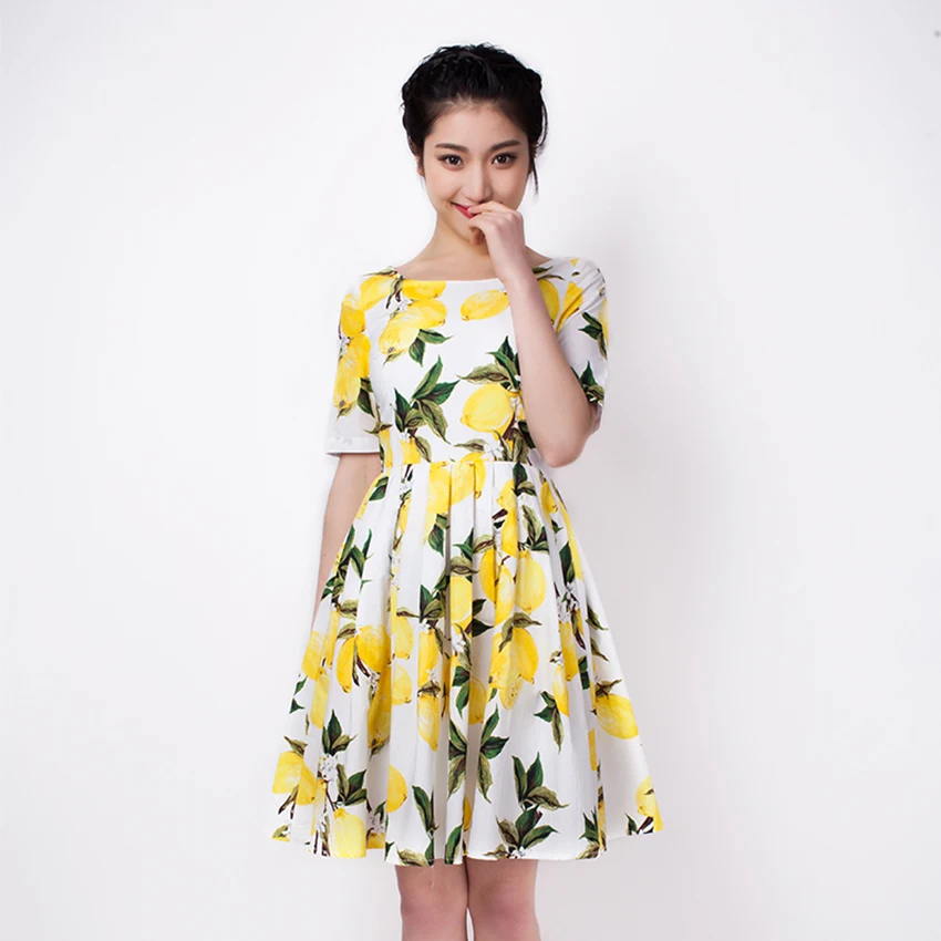 

FREE SHIPPING 2016 Summer New Arrival Vintage Sweet Slash Neck Middle Sleeve High Waist Printing Lemon Dress Women SY61250