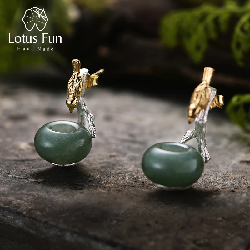 

Lotus Fun 925 Sterling Silver Stud Earrings for Women Natural Stone Round Green Aventurine Animal Bird Handmade Jewelry Gifts