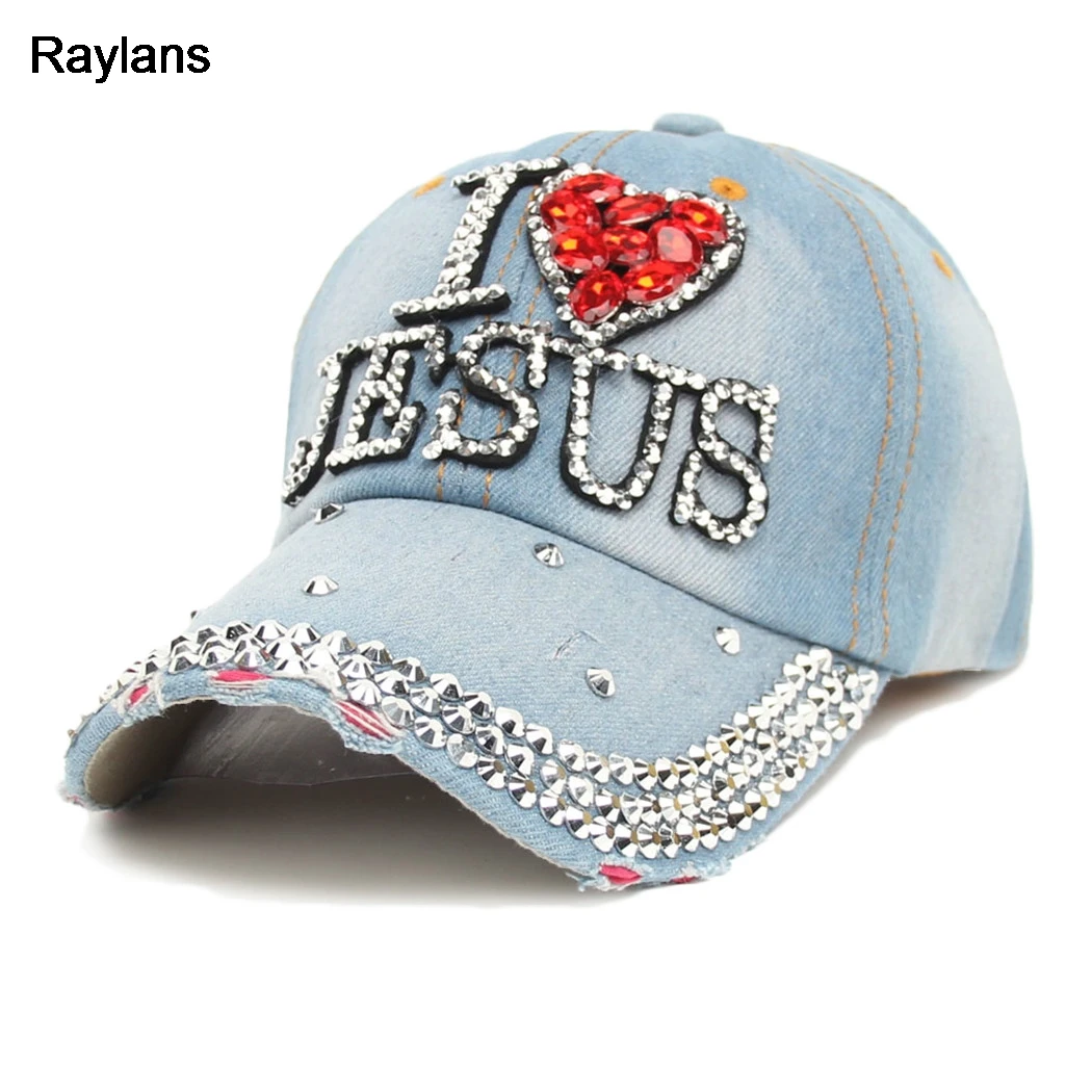 Raylans Women Adjustable Bling Studded Rhinestone I LOVE JESUS Denim Baseball Cap Hatin Women's