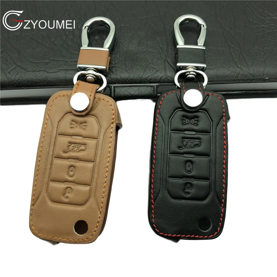 

Genuine Leather Key Cover 4 Button Auto Key Case For Jeep Renegade Accessories Stainless Steel Key Chain Smart Key Ring Key Bag