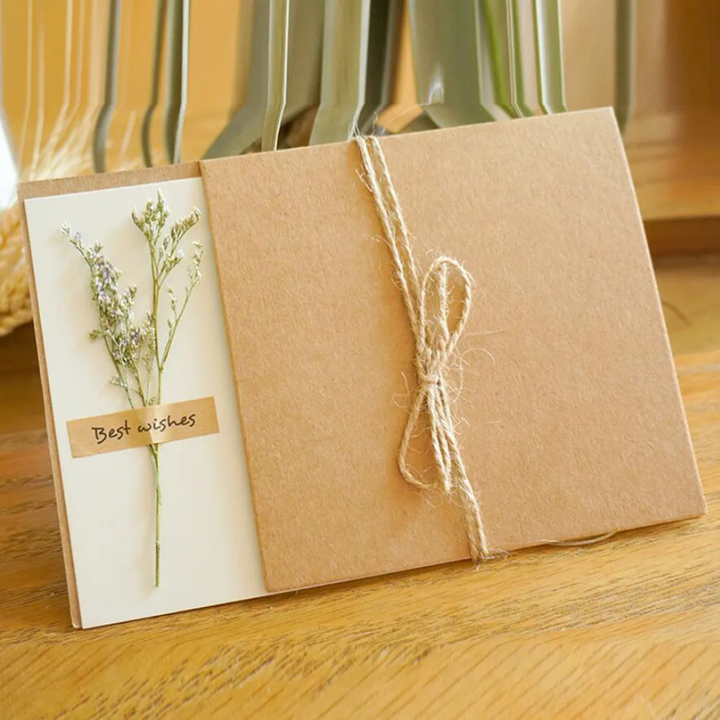 6pcs Rustic Dried Flower Kraft Paper Greeting Cards Handmade Crafts Blank Inside With Envelops