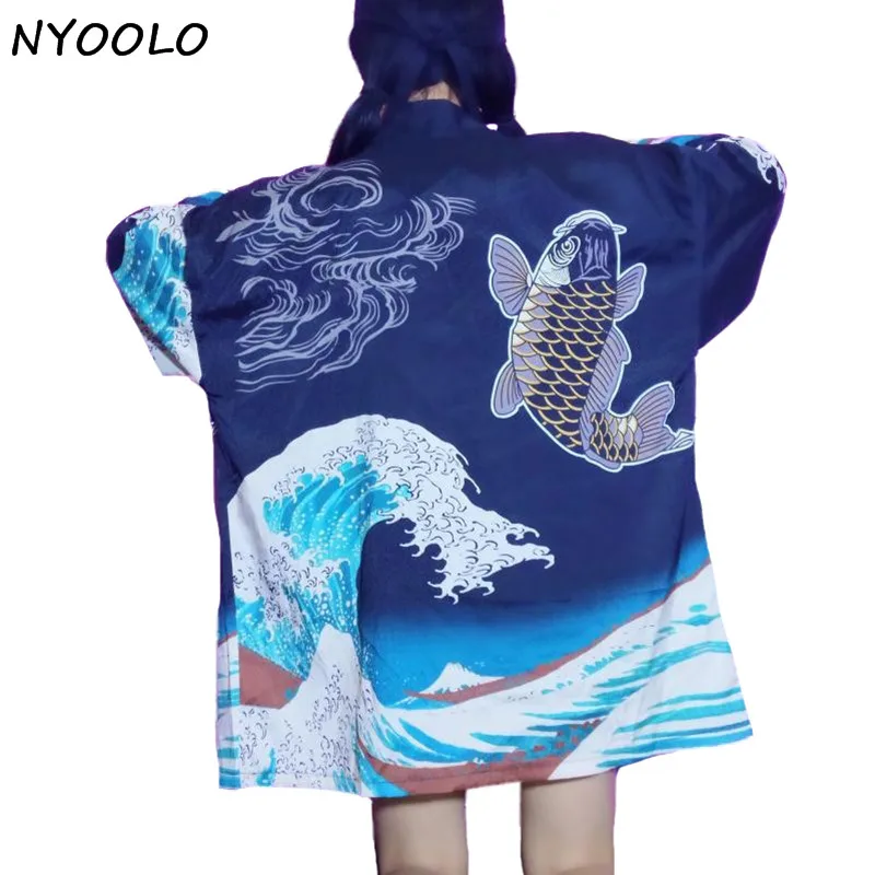 

NYOOLO design Retro summer carps waves clouds printed loose sun protection clothing kimono cardigan sun shirt women outerwear