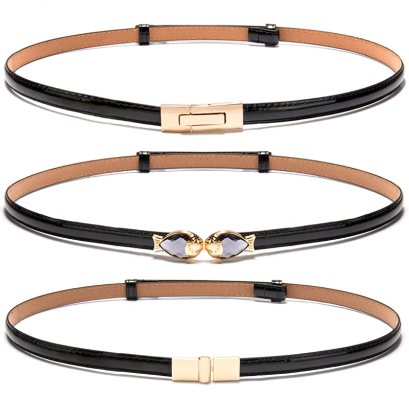 

Hot New Black Patent Leather Strap Belts Girl Adjust Woman Thin Belt Dress Decorate Red Fish Gold Buckle White Belts For Women