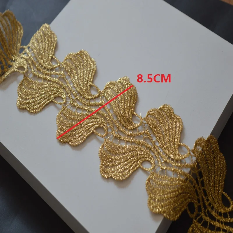 3 ярда/лот Золотая кружевная ткань 8,5 см ширина свадебное платье симметричный золотой лист золотая нить вышивка кружева аксессуары отделка 2018201