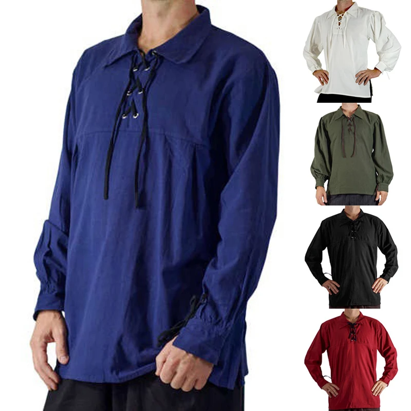 

Oeak 2019 Vintage Men Bandage Shirt Long Sleeve Medieval Style Retro Belt Shirt Loose Design Solid Color Top Spring Men Clothing