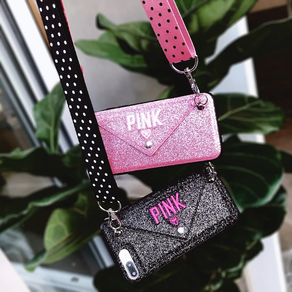 

HAZEL Luxury PINK Glitter Embroidery Leather Case for iPhone 7 Plus Fashion Wave Point Lanyard Case For iphone X 8 7 6 6s Plus