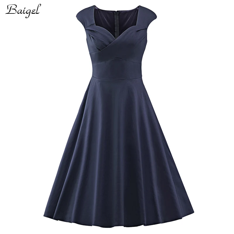 Womens Sexy V-Neck Summer Vintage Dress 50s 60s Retro Pinup Rockabilly Swing Navy Blue Ball Gown Wedding Party Dresses