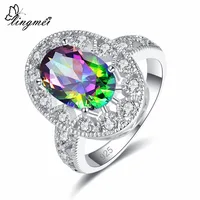 lingmei Wholesale Excellent Oval Cut Wedding Blue & White & Multicolor Cubic Zircon Silver Ring Size 6 7 8 9 For Women Jewelry