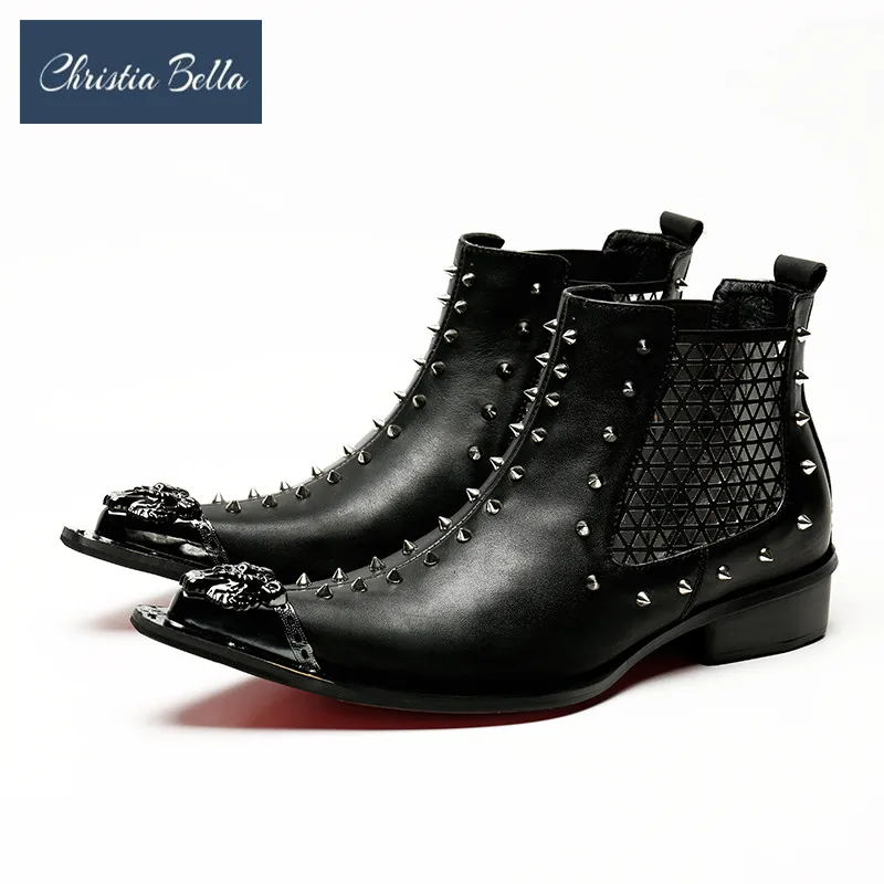 

Christia Bella Rivets Men Ankle Boots Autumn Winter Genuine Leather Metal Pointed Toe Chelsea Boots Fashion Formal Dress Shoes