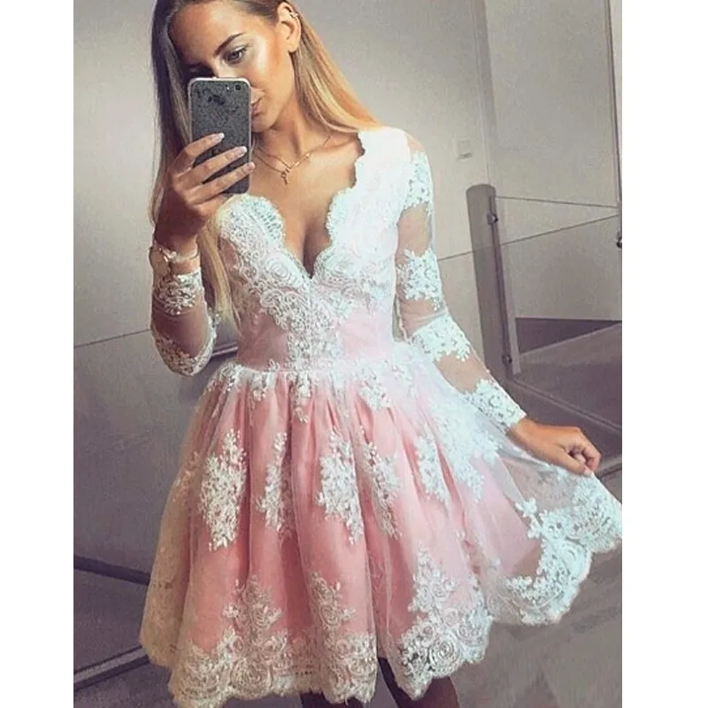 Sexy Short Lace Prom Dresses V Neckline Long Sleeve Above Knee Length ...