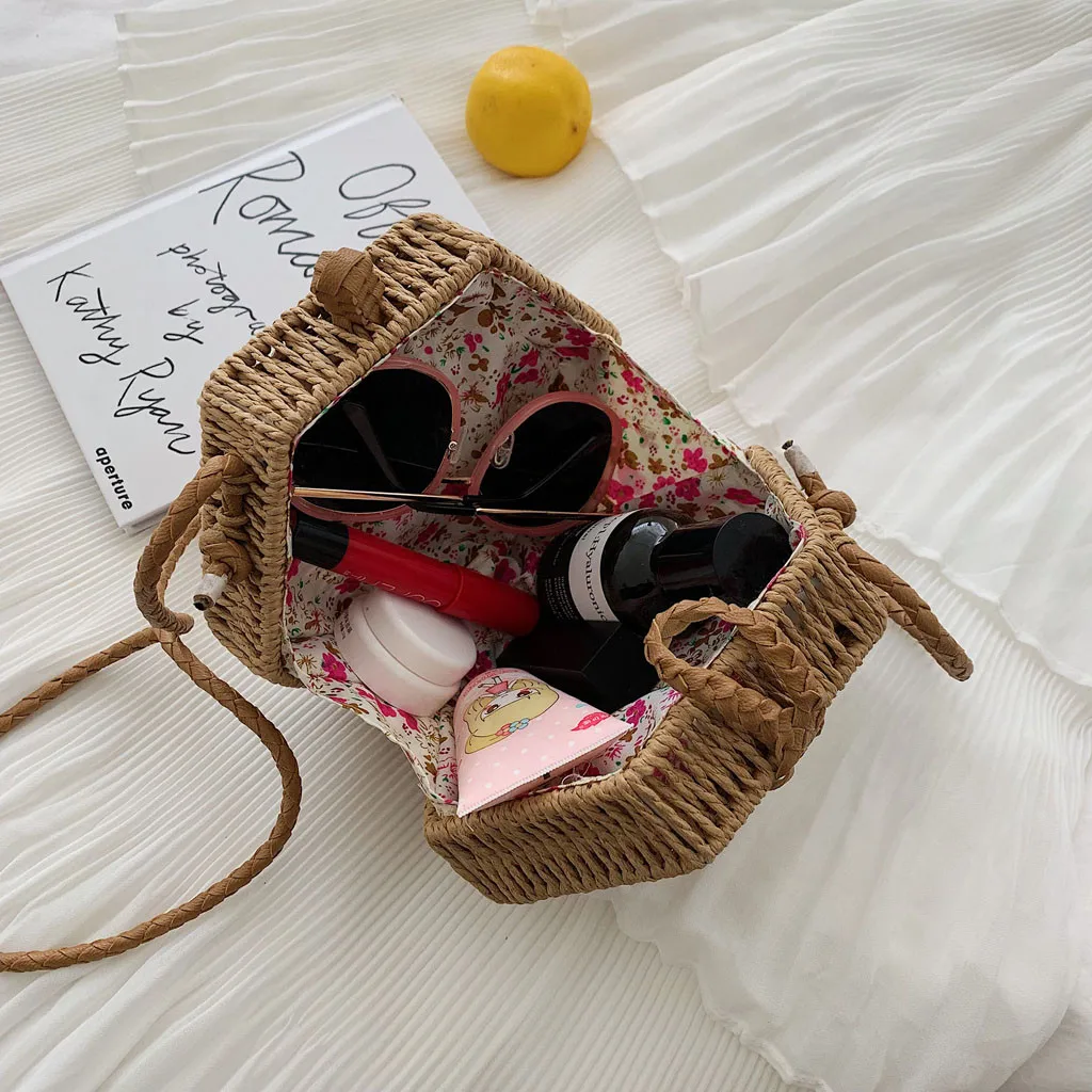 

Straw Woven Bag Handmade Rattan Woven Vintage Retro Straw Rope Knitted Women Crossbody Handbag With Ring Fresh Summer Beach Bag